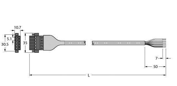 Technische Zeichnung eines elektrischen Kabels mit Buchsen, zeigt Maße in Millimetern: Breite 35, Höhe 5,1, Gesamtlänge L, Kabel 50.