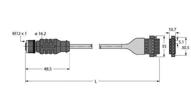 Technische Zeichnung eines M12-Steckers mit Abmessungen: Länge 48,5 mm, Durchmesser 16,2 mm, Breite 35 mm, Höhe 10,7 mm.