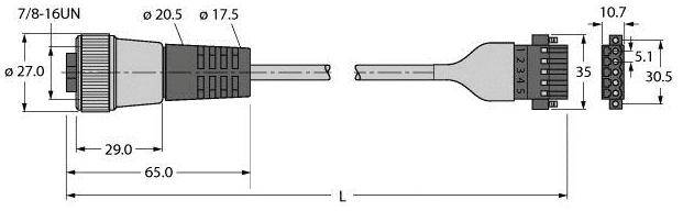 Technische Zeichnung eines Steckers mit Maßangaben: 27.0, 20.5, 17.5 mm Breite; 65.0 mm Länge; 10.7 mm Höhe. Profilansicht rechts.