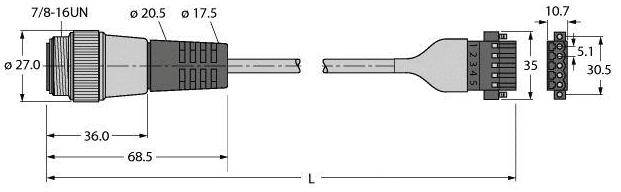 Diagramm einer Steckverbindung mit Abmessungen. Linke Seite: 7/8-16UN, Durchmesser 27 mm. Rechte Seite: Stecker mit 10,7 mm Breite. Gesamtmaß: 68,5 mm.