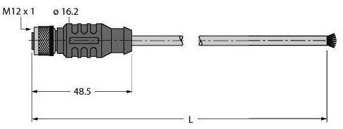 Steckverbinderschema: zeigt Durchmesser von 16,2 mm, Länge von 48,5 mm und M12 x 1 Gewinde. Mechanische Verbindungskomponenten.