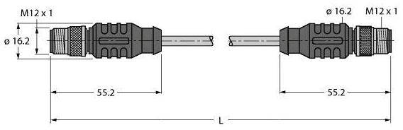Technische Zeichnung von zwei M12-Steckern mit Maßen: 55,2 mm Länge, 16,2 mm Durchmesser. Beschriftet mit Längen- und Gewindeangaben.