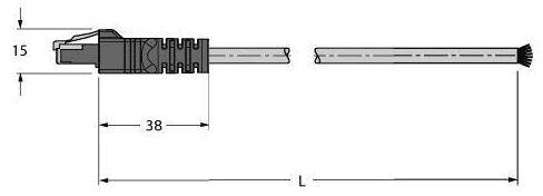 Technische Zeichnung eines Steckverbinders mit Maßen: Breite 15 mm, Länge 38 mm. Kabel geht vom Stecker ab.