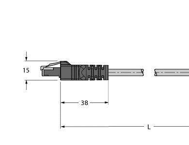 Diagramm eines Kabels mit Maßen: Breite 15 mm, Länge 38 mm angegeben. Hauptfokus auf Steckerteil des Kabels.