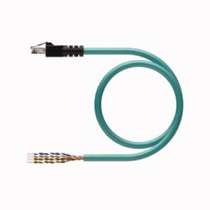 Ein gebogenes, grünes Netzwerkkabel, links mit einem RJ45-Stecker und rechts mit freiliegenden verdrillten Adern.