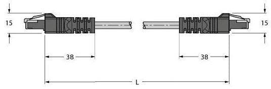 Zwei identische Stecker mit Maßen. Länge: 38 mm, Breite: 15 mm. Beide Stecker sind horizontal ausgerichtet und zeigen zueinander.