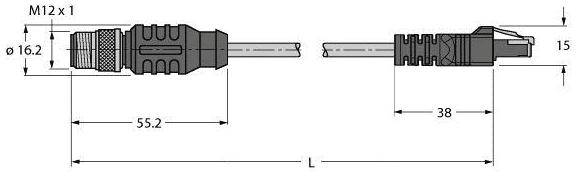 Technische Zeichnung eines Steckers mit den Maßen: Länge 55,2 mm, Durchmesser 16,2 mm, Länge des Kabels 38 mm. M12 x 1 Gewinde.