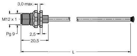 Technische Zeichnung eines zylindrischen Steckverbinders. Links M12 x 1 Gewinde, Pg 9, und Gesamtlänge angegeben.