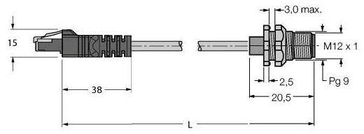 Technische Zeichnung eines Steckverbinders. Links: Seitenansicht mit Maßen 15 und 38 mm. Rechts: Frontansicht mit Gewinde M12 x 1.