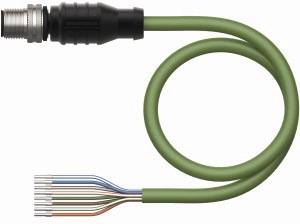 Grünes Kabel mit einem Steckverbinder an einem Ende und freiliegenden farbigen Drähten am anderen.