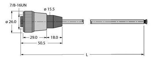 Zeichnung eines zylindrischen Steckers mit den Maßen: Durchmesser 26, Länge 50,5; Kabellänge L; Hinweis '7/8-16UN', Kabeldurchmesser 15,5.