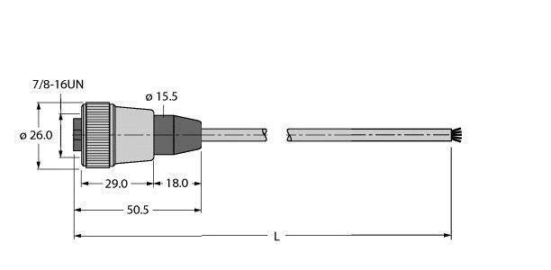 Technische Zeichnung eines zylindrischen Steckers mit Maßangaben: 7/8-16UN Gewinde, Gesamtlänge 50,5 mm, Durchmesser 26,0 mm.