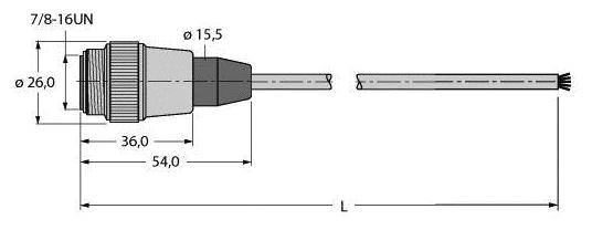Technische Zeichnung eines Steckers mit Abmessungen: Gesamtlänge 54 mm, Durchmesser 26 mm, Gewinde 7/8-16UN. Kabeldurchmesser 15,5 mm.