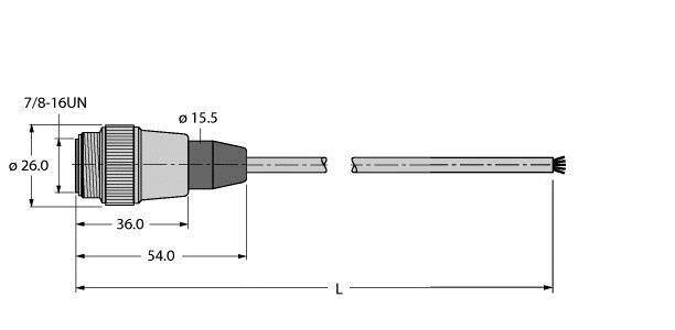 Technische Zeichnung eines Steckverbinders mit Maßen: Durchmesser 26 mm und 15,5 mm, Gesamtlänge 54 mm, Gewinde 7/8-16UN.