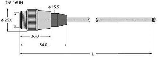 Technische Zeichnung eines Steckers mit Abmessungen: Durchmesser 26 mm und 15,5 mm, Gesamtlänge 54 mm. Vermerkt: '7/8-16UN'.