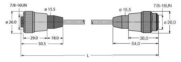 Technische Zeichnung von zwei Steckverbindern mit Maßen. Links: 50,5 mm, rechts: 54 mm. Beide 26 mm Durchmesser, Anschluss 7/8-16UN.