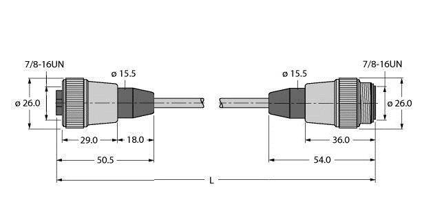 Steckverbinder-Abbildung mit Maßen: 7/8-16UN-Gewinde, Gesamtlänge 50,5 mm (links), 54 mm (rechts), Durchmesser 26 mm, Kabeldurchmesser 15,5 mm.