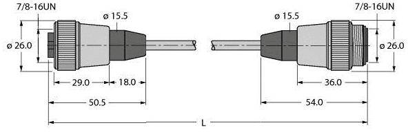 Zeichnung von Steckverbindern mit Maßen. Links: Länge 50,5 mm. Rechts: Länge 54,0 mm. Durchmesser 26,0 mm. Verzahnungen 7/8-16UN.