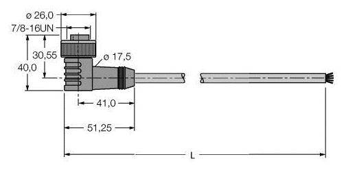 Technische Zeichnung eines Kabelsteckers mit Bemaßungen: Durchmesser 26 mm, Länge 51,25 mm, 7/8-16UN-Gewinde, Länge 'L'.