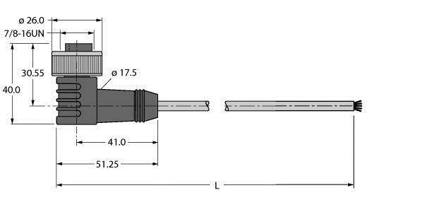 Technische Zeichnung eines rechtwinkligen Steckers mit Maßen: Ø26,0, 30,55, 40,0, 51,25, 41,0. Gewinde 7/8-16UN.