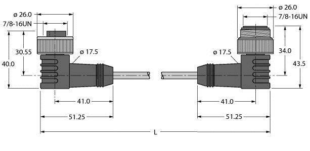 Technische Zeichnung eines Steckverbinders mit zwei Ansichten und Maßen, die Verbindungen zeigen. Enthält Längenangaben und Gewindedetails.