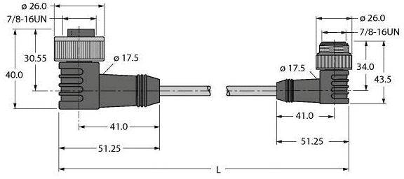 Schaltplan eines Steckverbinders mit Abmessungen in mm. Zwei Ansichten zeigen die Geräterück- und Seitenansicht mit genauen Maßen.
