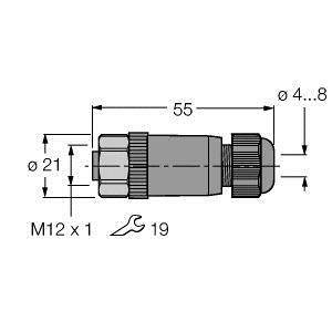 Technische Zeichnung eines Steckverbinders mit Maßen: Länge 55 mm, Durchmesser 21 mm, Anschlussgewinde M12 x 1, Öffnung Ø4...8 mm.