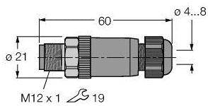 Technische Zeichnung eines Steckverbinders: Länge 60 mm, Durchmesser 21 mm, Kabeldurchmesser 4-8 mm, Gewinde M12 x 1, Schlüsselweite 19 mm.