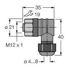 Technische Zeichnung eines Winkelanschlusses mit Maßen: 35 mm Länge, 40 mm Höhe, Gewinde M12 x 1, Durchmesser 21 mm, Kabelbereich 4-8 mm.