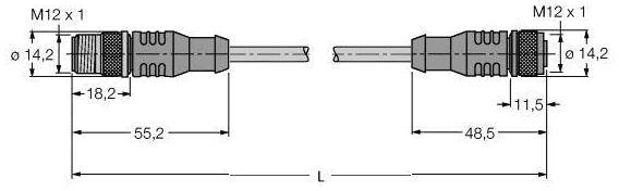 Steckverbinder Zeichnung: M12 x 1 Gewinde beidseitig, Gesamtlänge L, Länge links 55,2 mm, rechts 48,5 mm, Durchmesser 14,2 mm.