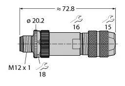 Technische Zeichnung eines zylindrischen Steckverbinders mit Maßen: Länge ca. 72,8 mm, Durchmesser 20,2 mm, Gewinde M12 x 1.