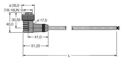 Technische Zeichnung eines Steckers mit Maßen: Durchmesser 26 mm, Länge 51,25 mm. Verbindungsgewinde: 7/8-16UN. Draufsicht und Seitenansicht.