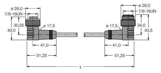 Technische Zeichnung eines Steckverbinders mit Maßangaben: Länge 51,25 mm, Breite 26 mm, Höhe 30,55 mm. Gewinde 7/8-16UN.