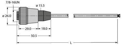 Technische Zeichnung eines Steckverbinders mit Maßen: 29 mm, 18 mm, Gesamtlänge 50,5 mm, Durchmesser 26 mm und 15,5 mm.