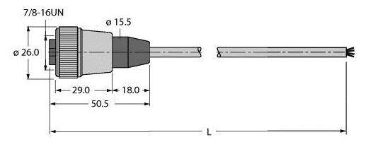 Technische Zeichnung eines Kabels mit Steckverbinder. Details: 7/8-16UN-Gewinde, Durchmesserangaben und Gesamtlänge 'L'.