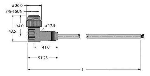 Technische Zeichnung eines Steckverbinders mit Kabel, zeigt Maße in Millimetern: 26.0, 34.0, 17.5, 43.5, 41.0, 51.25; Gewinde 7/8-16UN.