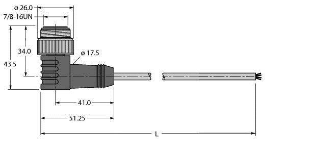 Technische Zeichnung eines Kabelsteckers mit seitlicher Ansicht. Maße: Gesamtlänge 51,25 mm, verschiedene Durchmesser und Längen markiert.