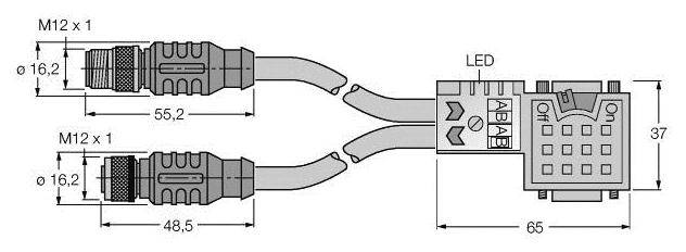 Schaltplan zeigt zwei M12-Steckverbinder mit Kabeln, die zu einem Anschlussblock führen. Abmessungen und LED-Position sind angegeben.