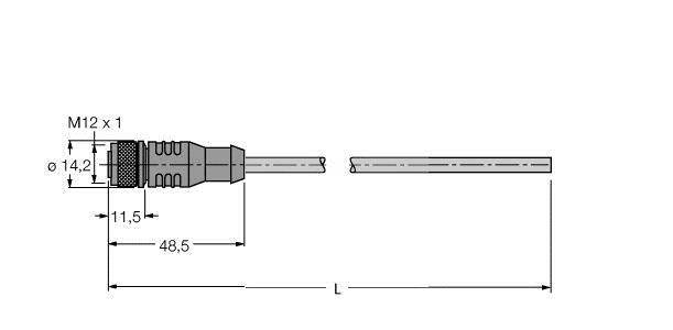 Technische Zeichnung eines M12-Steckverbinders mit Maßen: Länge 48,5 mm, Durchmesser 14,2 mm. Ansicht von der Seite.
