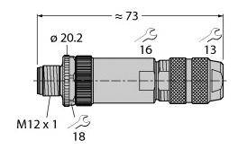 Diagramm eines zylindrischen Bauteils mit Gewindeanschluss M12 x 1. Abmessungen: Länge ≈ 73 mm, Durchmesser 20,2 mm. Werkzeuge: 18, 16, 13 mm.