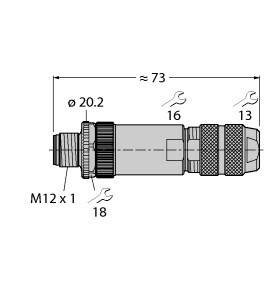 Diagramm eines zylindrischen Steckverbinders, ca. 73 mm Länge, M12 x 1 Gewinde, Durchmesser 20,2 mm, nummerierte Teile: 18, 16, 13.