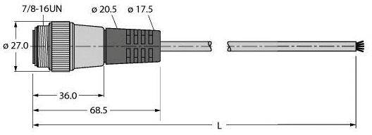 Stecker mit den Maßen: ø 27.0 mm, ø 20.5 mm, ø 17.5 mm; Länge 36.0 mm und 68.5 mm; Gewinde 7/8-16UN. Kabelende ohne Stecker.