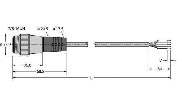 Technische Zeichnung eines Steckers mit Abmessungen; Länge 68,5 mm, Durchmesser 27 mm am Gehäuse, Anschlusskabel mit L Kabellänge.