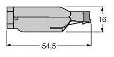Technische Zeichnung eines Steckverbinders von Seite: Länge 54,5 mm, Höhe 16 mm.