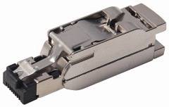 Ein RJ45-Stecker mit einem Metallgehäuse. Dient zur Verbindung von Netzwerkkabeln in Datenkommunikationssystemen.