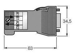 Technische Zeichnung eines Steckers mit Maßen: Länge 63 mm, Breite 34,5 mm. Beschriftet mit 'A1', 'B1', 'A2', 'B2'.