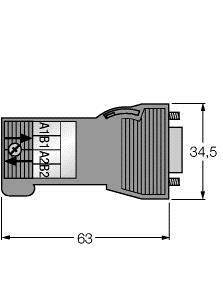 Querschnitt einer technischen Komponente mit Abmessungen: 34,5 mm Höhe und 63 mm Länge; markierte Bereiche A1, B1, A2, B2.
