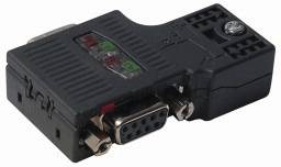 Ein schwarzer VGA-zu-HDMI-Konverteradapter mit weiblichem VGA-Anschluss und LED-Anzeigen.