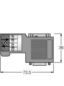 Technische Zeichnung eines rechteckigen Teils mit den Maßen 72,5 x 36 mm. Links Anschlüsse A1, B1, A2, B2 markiert.