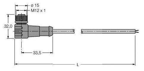Technische Zeichnung eines Steckers mit M12-Gewinde, Durchmesser 15 mm. Gesamtlänge des Steckers 33,5 mm, Breite 32 mm. Kabel dargestellt.